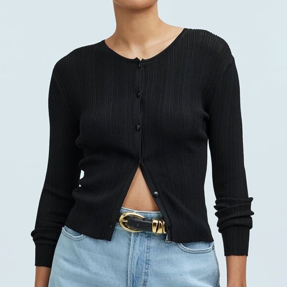 Madewell Micro-Rib Crewneck Long Sleeve Cardigan Black Size XXS NWT - Picture 1 of 8